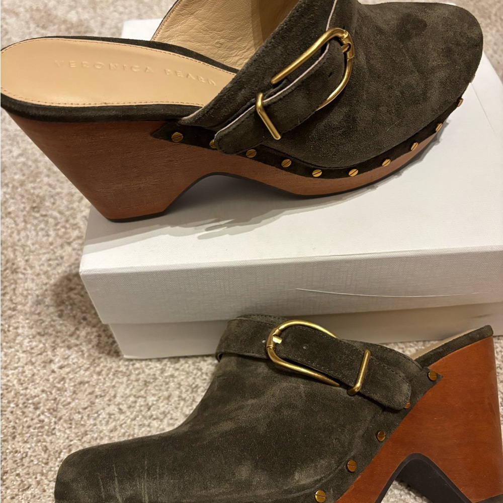Veronica Beard Dark Green Suede Mules with Buckle - Picture 3 of 4